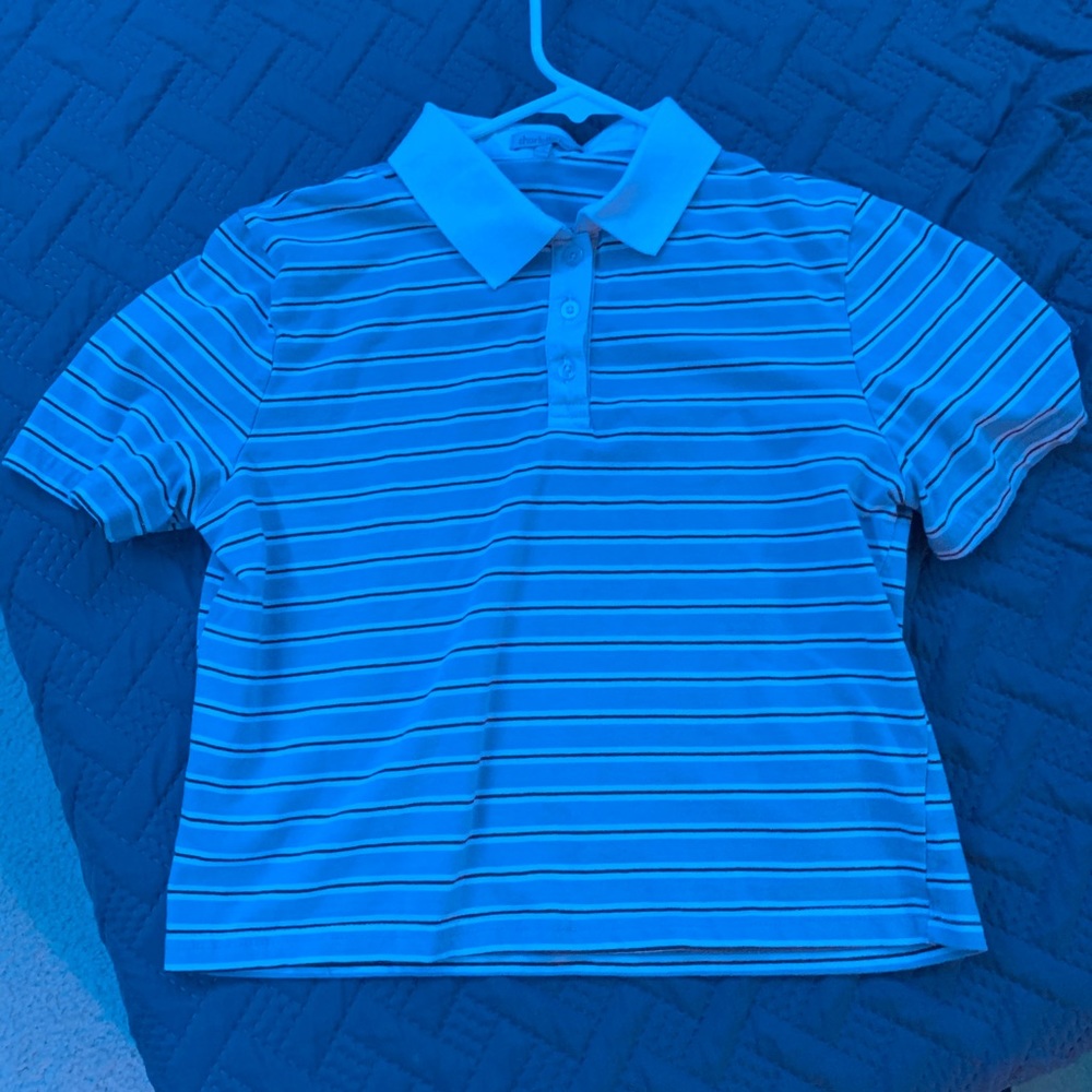 cropped blue maroon and white stripped polo